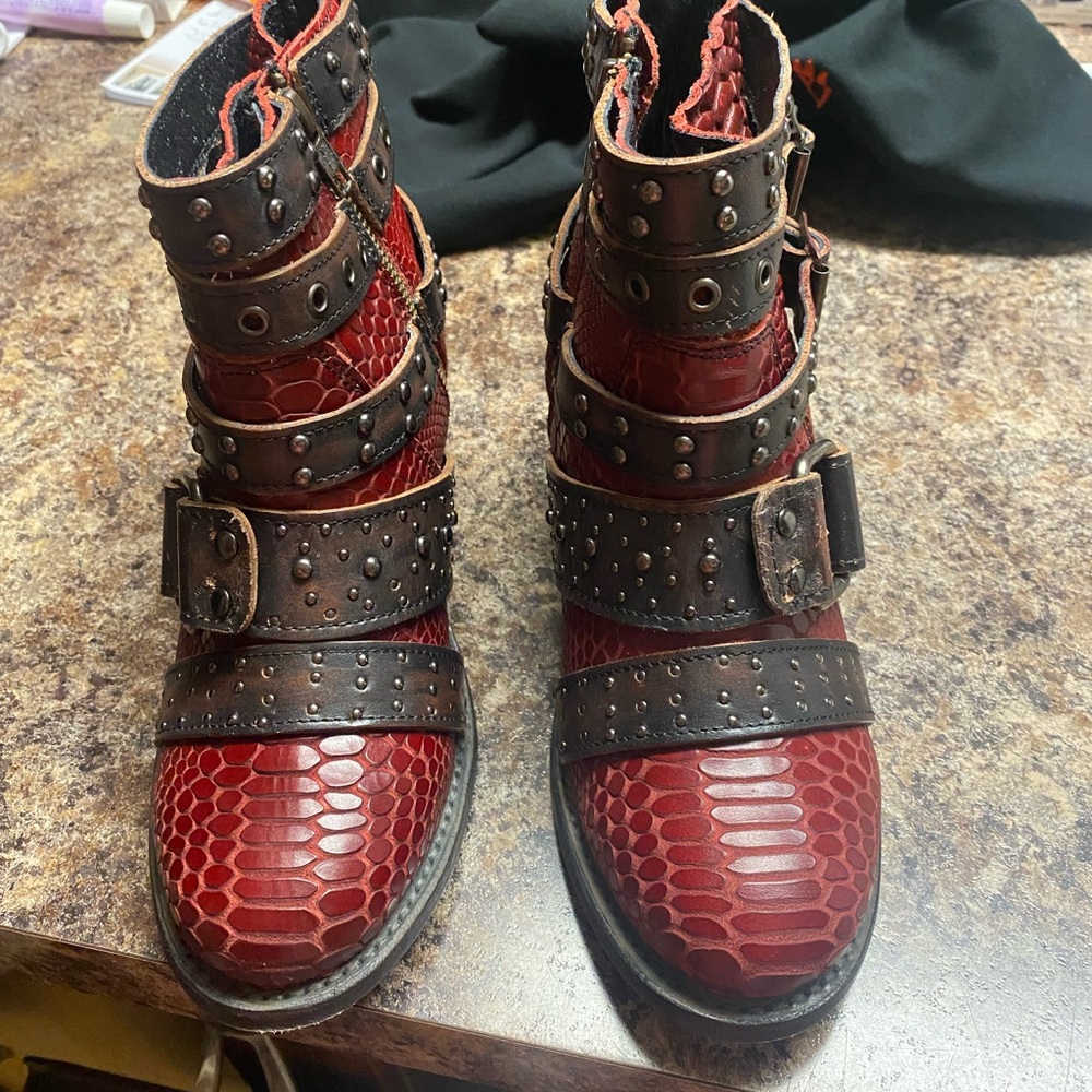 Freebird Red and Black Studded Combat Boots size 7. New
